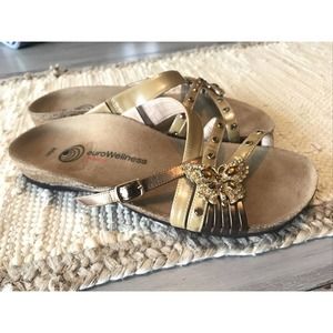 Euro Wellness Balance Butterfly Gold Bronze Rhinestone Slip On Slide Size 9.5